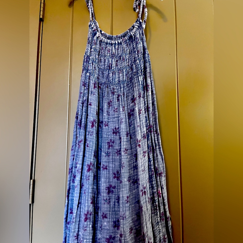 Flowy blue/purple tie dyed FREE PEOPLE Azure Maxi Dress Floral Print Smocked